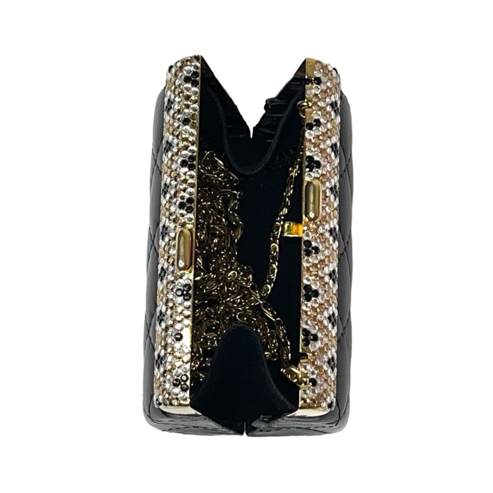90s Beaded Rhinestone Clasp Quilted Black Leather Mini Bag Purse Chain Strap - Picture 5 of 16